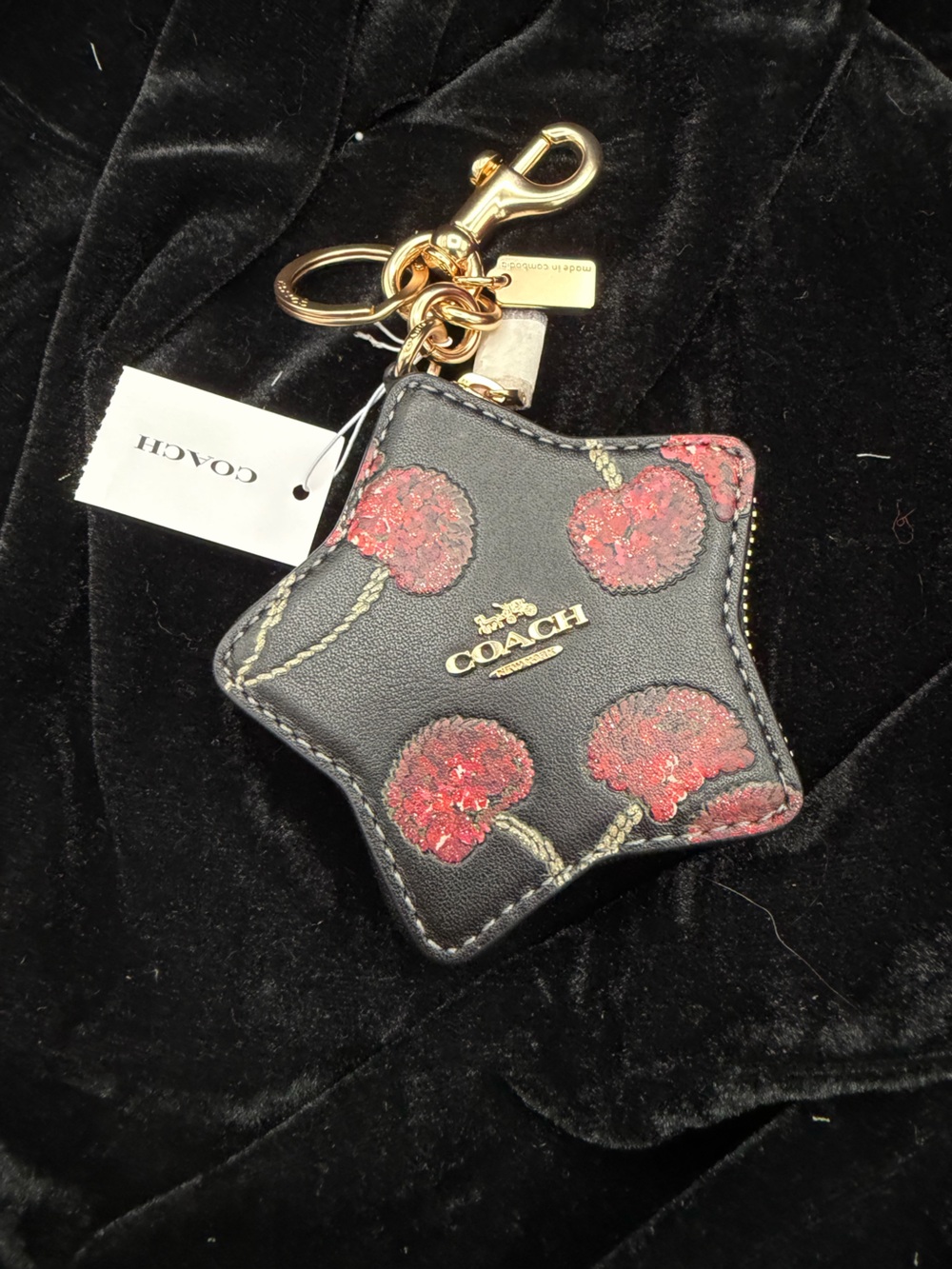 COACH Black Star Leather Keychain Pouch with Cherry Print